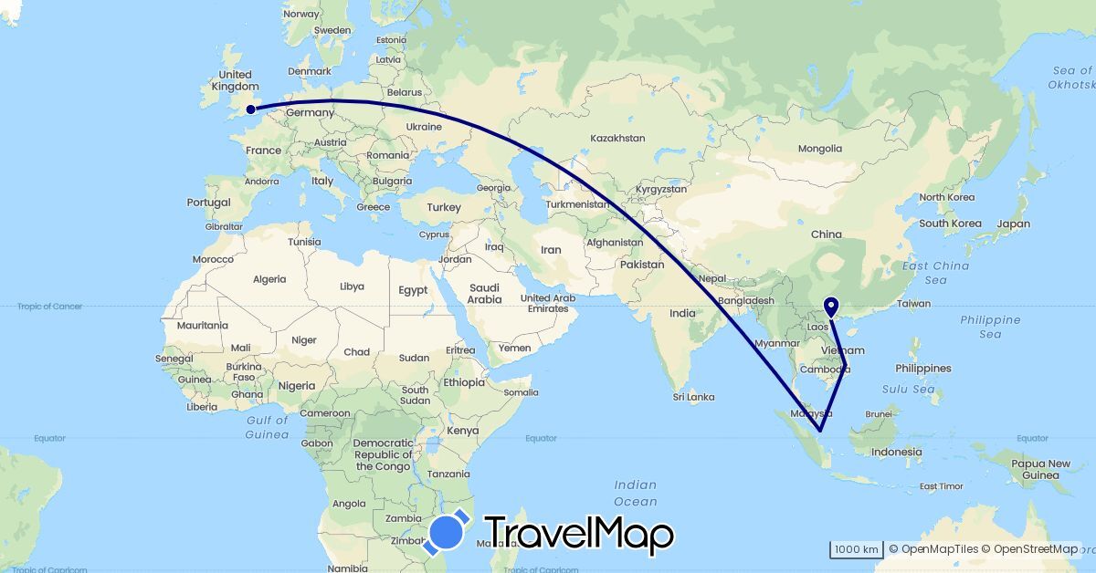 TravelMap itinerary: driving in United Kingdom, Singapore, Vietnam (Asia, Europe)